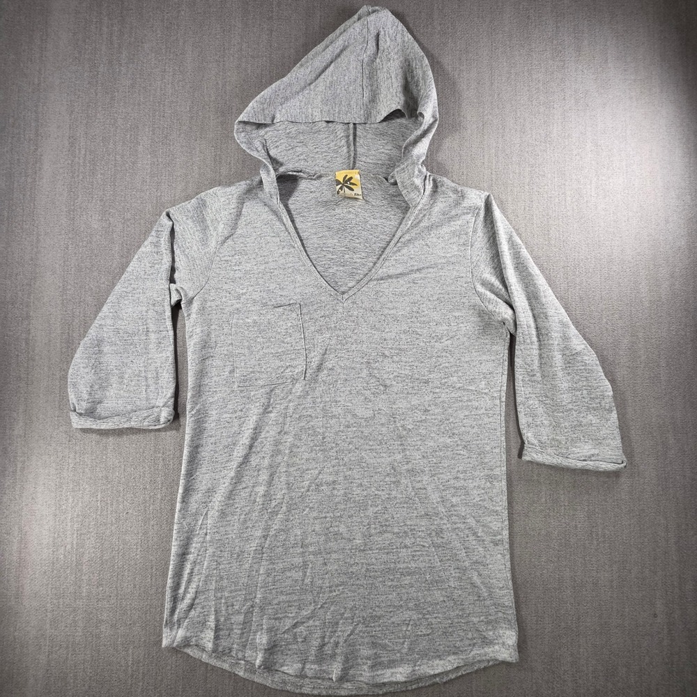 Lily Bleu Beach Hoodie Women Size L Grey V-Neck Pocket 3/4 Sleeve Knit Top